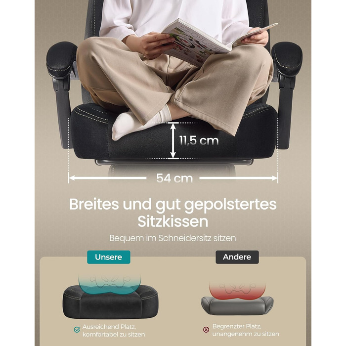 Ігрове крісло SONGMICS, офісне крісло, комп&39ютерне крісло, ергономічний дизайн, з підставкою для ніг, регульований підголівник, поперекова опора, вантажопідйомність 150 кг, чорний колір OBG077B08, оксамитова тканина чорного кольору