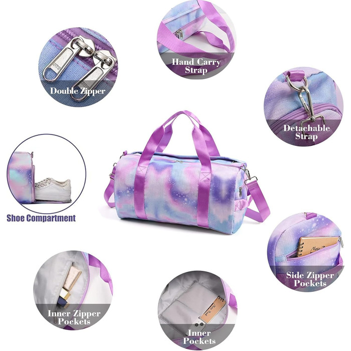 Дитяча спортивна сумка, дорожня сумка з відділенням для взуття та відділенням для мокрих речей, сумка для плавання, дорожня сумка для дівчаток для гімнастики та плавання, мила барвиста сумка для танців з райдужним візерунком, спортивна сумка (фіолетова)