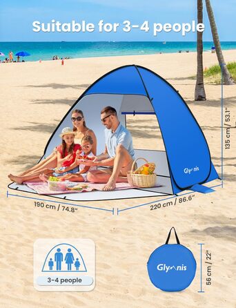 Пляжний намет Glymnis Pop-Up Beach Shelter, пляжний намет із дверима на блискавці, захист від ультрафіолету 50, вітрозахисний, малий розмір у упаковці, синій, пляжний намет XL/3-4 особи