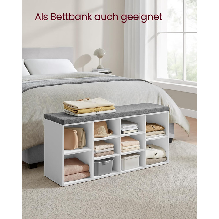 Лавка для взуття VASAGLE, полиця для взуття із сидінням, лавка для зберігання речей, добре оббита, лавка для передпокою з 10 відділеннями, регульовані полиці, для спальні, 30 x 104 x 48 см, біло-сірий LHS10WT білий сірий