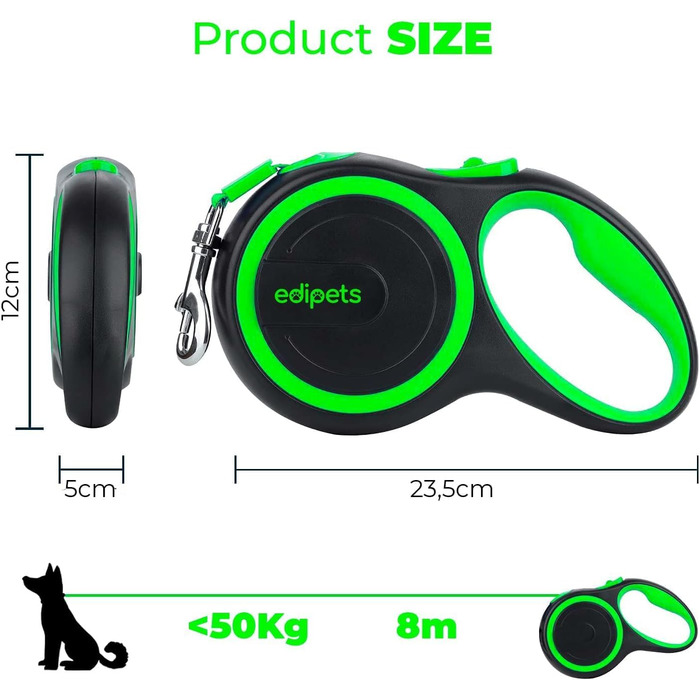Поводок-рулетка Edipets для собак, розсувний, 3, 5 та 8 метрів, гнучкий ремінець для прогулянок (Зелений, 8 метрів)