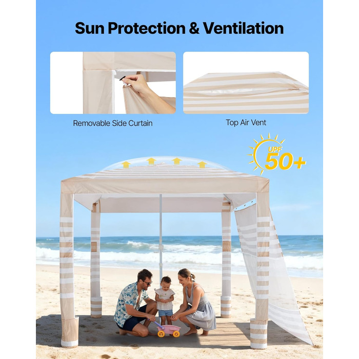 Пляжний навіс VEVOR, 2,4 x 2,4 м з бічною стінкою, сонцезахисний фактор UPF 50, навіс з мішками з піском, регульований по висоті та портативний сонцезахисний навіс для всієї родини та друзів