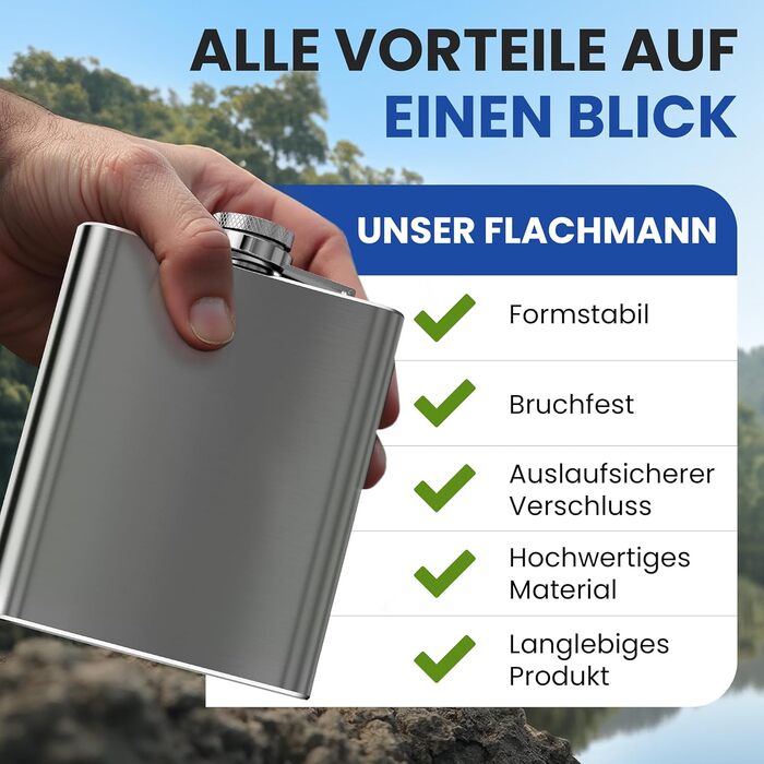 Фляга з нержавіючої сталі об&39ємом 0,5 л, срібляста, з гвинтовою кришкою - герметична, місткість 500 мл, 17x13x3 см - багаторазова пляшка для алкоголю, кишенькова фляга, півлітра, 18 унцій, 1 x 500 мл