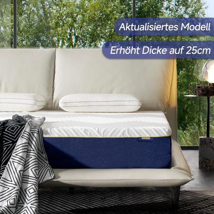 Матрац 90x200 Матрац з пінополіуретану заввишки 25 см Матрац з холодної піни Ортопедичний матрац, що згортається в рулон Сертифіковано Oeko-Tex Рівень жорсткості H3 Матрац з пінополіуретану з ефектом пам&39яті З чохлом, знімний та пральний Висота 25 см 90