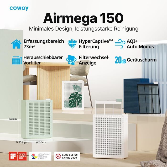 Очищувач повітря COWAY для алергіків, Quietmark, режим сну 20 дБ, видаляє 99,999 шкідливих частинок розміром до 0,01 мкм, для алергіків (ущільнення ECARF) Пиловий пилок - AIRMEGA 150 (білий)