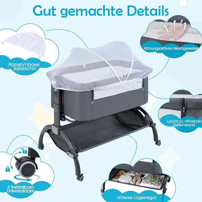 Дитяче ліжечко COSTWAY 3-в-1 з москітною сіткою, дорожнє ліжечко для дитини з матрацом, 7-позиційне регульоване по висоті дитяче ліжечко з сумкою для перенесення, кошик для зберігання, колиска для дитини до 9 місяців (сірий)