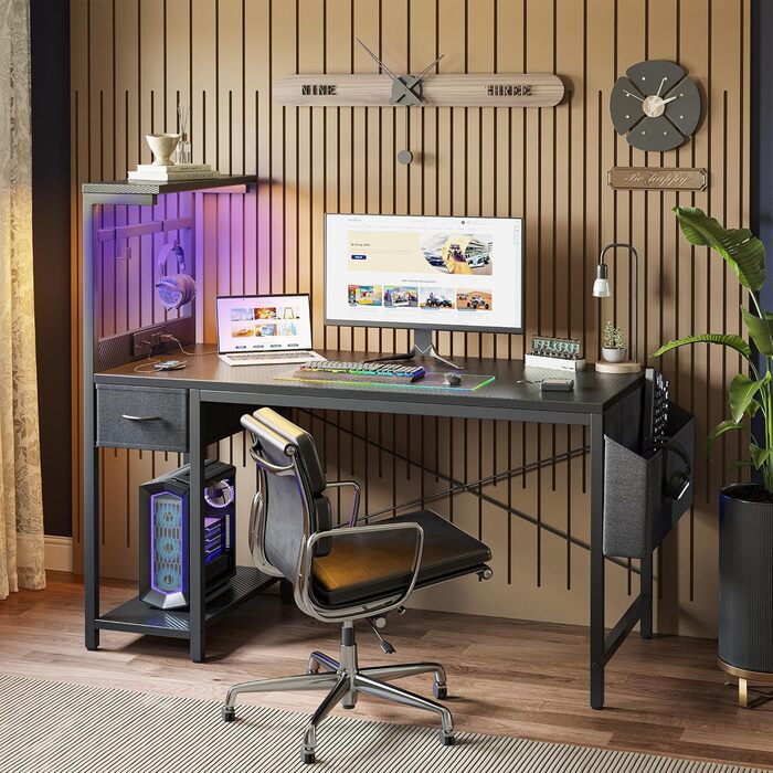 Ігровий стіл BEXEVUE LED 100x50 см з карбоновою стільницею, з шухлядою, кишенею та 2 гачками для навушників, комп&39ютерний стіл з розетками, чорний 100 x 50 см, чорний карбон