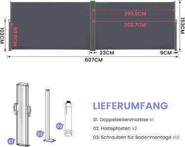 Розсувна двостороння бічна маркіза, створює приватність на вулиці, до 6 м, функція автоматичного згортання, захист від сонця та вітру, бічна шторка як екран для забезпечення конфіденційності (антрацит, висота 1,53 м, антрацит 160 см)
