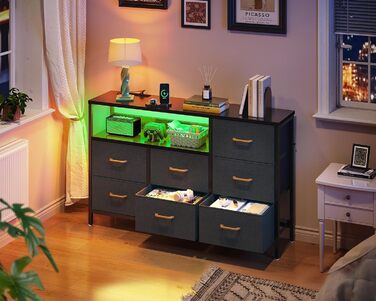 Комод Coleshome зі світлодіодною стрічкою, що змінює колір, та 2 розетками USB і 2 розетками змінного струму, комод із 7 тканинними шухлядами, підходить для спальні, вітальні, 132 * 30 * 89 см, чорний