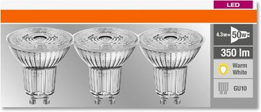 Світлодіодна рефлекторна лампа Osram Base PAR16 з цоколем GU10, 4,3 Вт, теплий білий, 10 шт. (1 упаковка) (50 Вт, 3 упаковки, 2700k теплий білий)