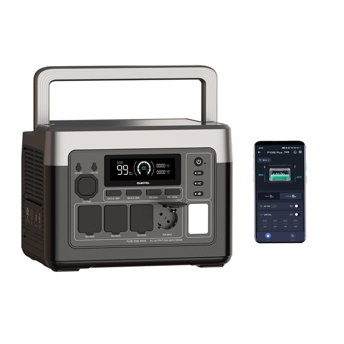 Портативна зарядна станція OUKITEL P1000E Plus Power Station ємністю 1024 Втгод, аварійне спорядження з 9 портами та кабелем для заряджання в автомобілі для активного відпочинку, риболовлі, вечірок, музичних фестивалів, кемпінгу та надзвичайних ситуацій.