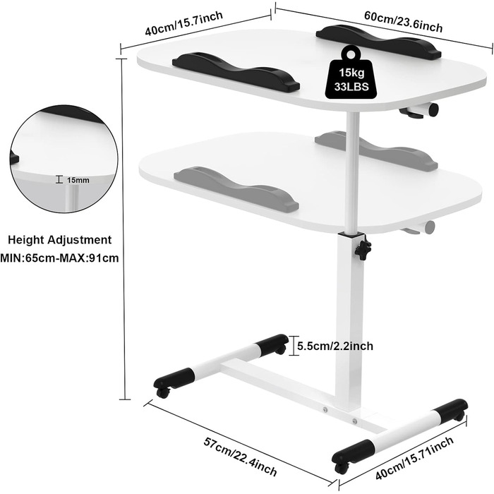 Невеликий розкладний стіл, бічний столик на колесах, регульований по висоті, комп&39ютерний стіл, мобільний стіл для роботи стоячи, ергономічний, поворотний на 360 (білий, 60 x 40 x 61 95 см) 60x40x61-95 см Білий