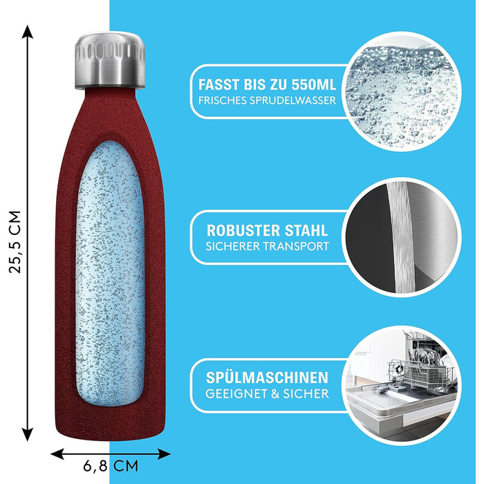 Преміальна пляшка з нержавіючої сталі 0,6 л ПРОСТО ВІЗЬМІТЬ З СОБОЮ сумісна з SodaStream Crystal - Безпечний для вуглекислого газу - Можна мити в посудомийній машині - Пляшка для пиття з нержавіючої сталі - Червоне порошкове покриття