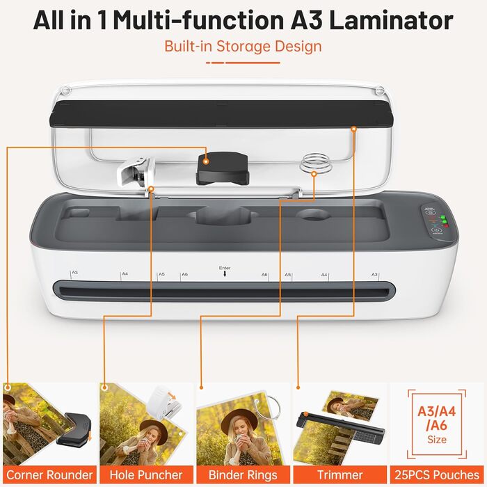 Ламінатор A3 A4 з 25 ламінувальними пакетами, 9-в-1 ламінатор A3 A4 A5 A6, ламінатор з різаком для паперу та закруглювачем кутів, ламінатори для фотографій для домашнього, офісного та шкільного використання