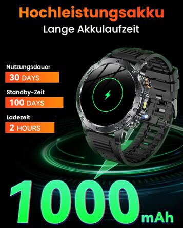 Чоловічий військовий смарт-годинник з акумулятором 1000 мАг, 1,7-дюймовий HD смарт-годинник/світлодіодний ліхтарик/водонепроникність IP68/пульсометр/SpO2/монітор сну/100 спортивних режимів, фітнес-годинник для iOS Android чорний