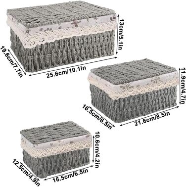 Набір кошиків для зберігання з 3 предметів з кришкою, плетений кошик з підкладкою, ротангова коробка для зберігання у ванній кімнаті, органайзер для ванної кімнати, іграшок, кухні, спальні (сірий)