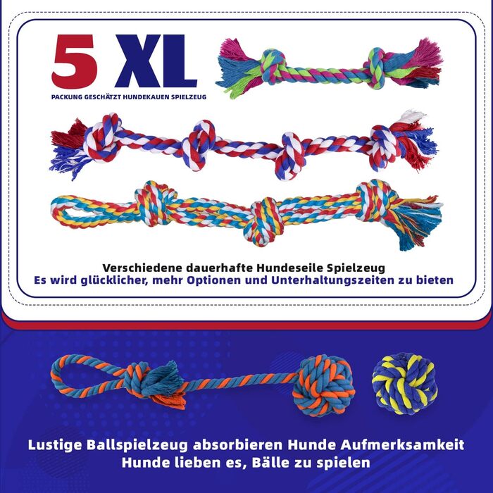 Мотузка для великих і середніх собак - Міцні мотузкові іграшки для собак для агресивних гризунів - Практично незнищенні - М&39яч для собак - М&39яч для перетягування канату для жування, 5PCS All XXL Dog Toys