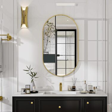 Дзеркало Koonmi Oval Bathroom Mirror Gold, 43 x 76 см Овальне настінне дзеркало із загартованого скла, туалетне дзеркало без спотворень, горизонтальне або вертикальне підвісне для спальні, передпокою, вітальні золотого кольору 76x43