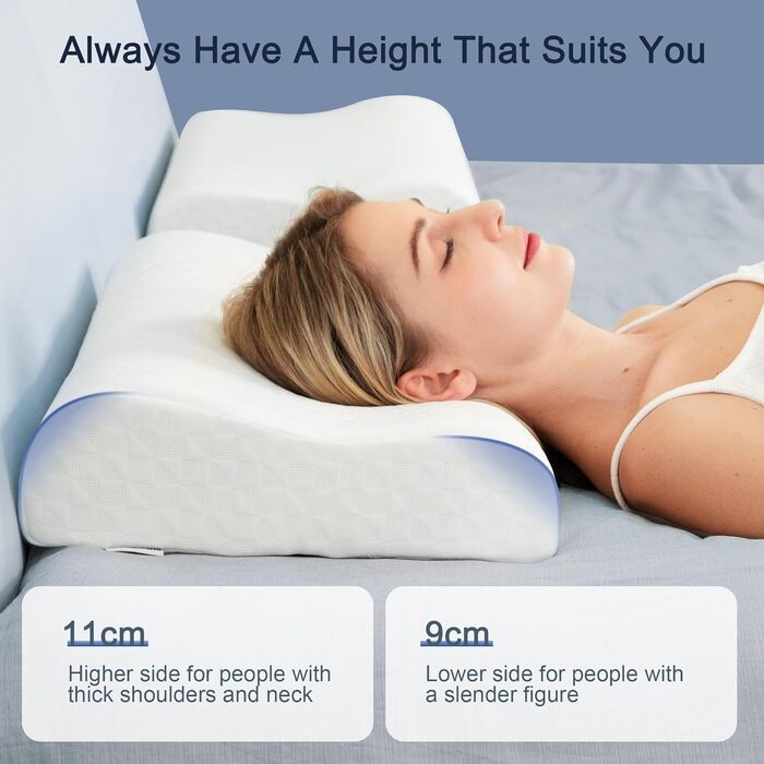 Подушка Winthome з піни з ефектом пам&39яті, подушка для шиї з високою та низькою фіксацією, подушка для шиї без клею, ергономічна подушка з чохлом, що прається, подушка для сну на спині, боці та животі (60x36x9/11 см)