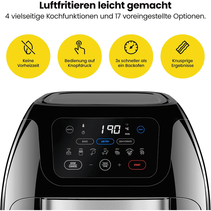 Багатофункціональна цифрова фритюрниця Chefman гриль, дегідратор, конвекція, 17 попередньо встановлених сенсорних екранів, сімейний розмір XL 10 л, автоматичне вимкнення, велике вікно огляду, чорний Великобританія