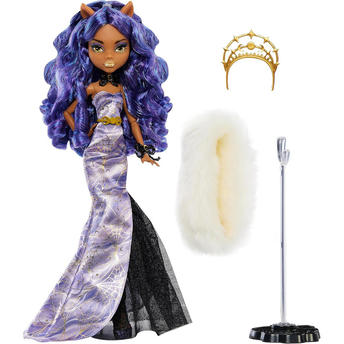 Лялька Monster High Howliday Winter Edition, колекційна річ Clawdeen Wolf, у лавандовій сукні ICY з хутряним боа та аксесуарами, різнокольоровий колір