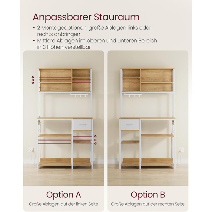 Кухонна полиця VASAGLE з розетками, окремостояча полиця, 40 x 100 x 180,4 см, полиця для випічки, регульовані полиці, шухляда для тканини, 12 гачків, кухня, Золотий дуб-хмарно білий KKS027Y02 40Г x 100Ш см Золотий дуб хмарно білий