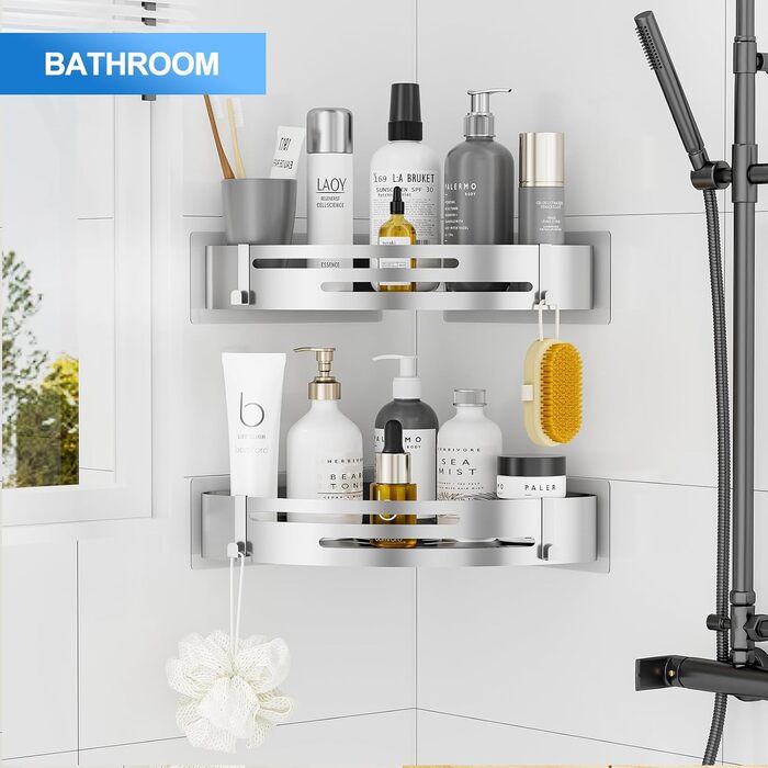 Душова полиця без свердління кута Душова полиця з нержавіючої сталі 2 шт. и Душова корзина самоклеюча З 4 гачками Поличка для душу