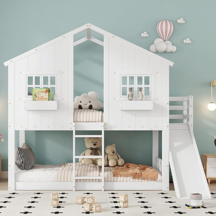 Дитяче двоярусне ліжко 90x200, ліжко-горище, ліжко-будиночок з гіркою, драбиною, вікнами, дахом та ящиком для зберігання, двоярусне ліжко, дерев&39яне ліжко, дитяче ліжко з рейковою основою та поручнями, сосна, без матраца, білий колір