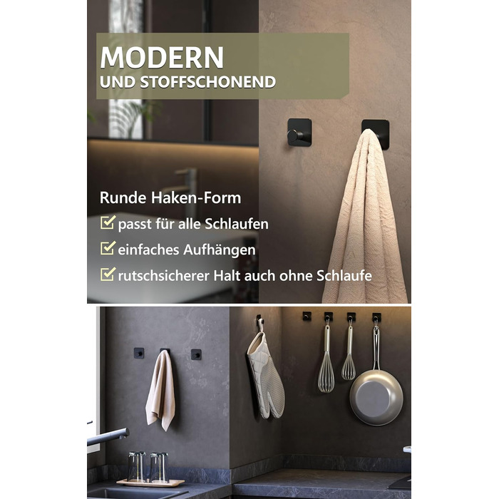 Рушникосушка без свердління - 5 шт. гачків для рушників для ванної кімнати, чорні клейкі гачки сучасні, стильні - гачки самоклеючі