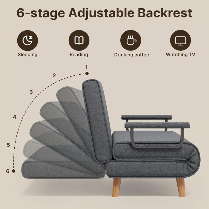 Місний диван-ліжко Xbro, крісло-ложок з регульованою спинкою та 2 подушками, крісло з функцією сну для невеликих квартир (темно-сірий), 2-