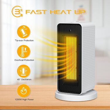 Енергозберігаючий тихий міні-електричний вентилятор-обігрівач Qoosea потужністю 1200 Вт з керамічним нагрівальним елементом, 3 режими, швидке нагрівання 3S, PTC-обігрівач для дому та офісу (білий)