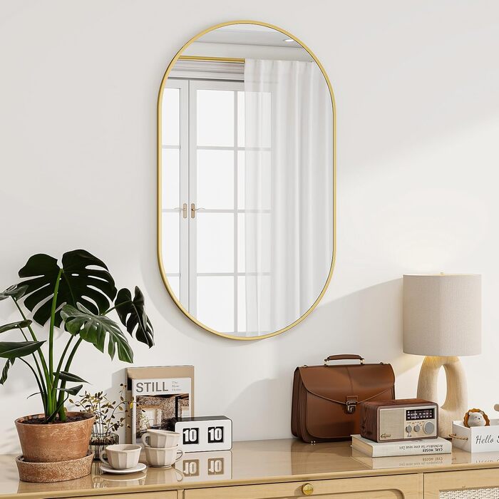 Дзеркало Koonmi Oval Bathroom Mirror Gold, 43 x 76 см Овальне настінне дзеркало із загартованого скла, туалетне дзеркало без спотворень, горизонтальне або вертикальне підвісне для спальні, передпокою, вітальні золотого кольору 76x43