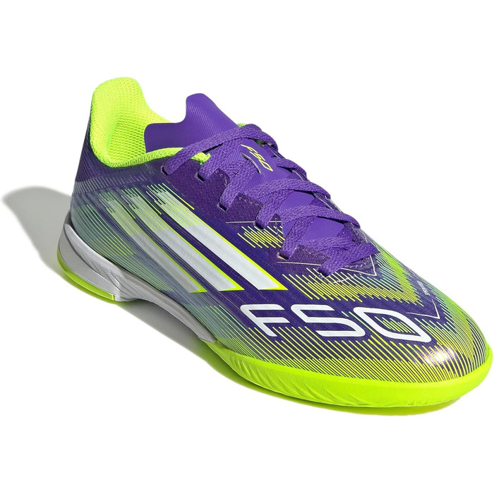 Футбольне взуття adidas Unisex Kids F50 League Kids IN, розмір 37 1/3 EU, фіолетовий, колір Rush, хмара, білий, яскравий, лимонний