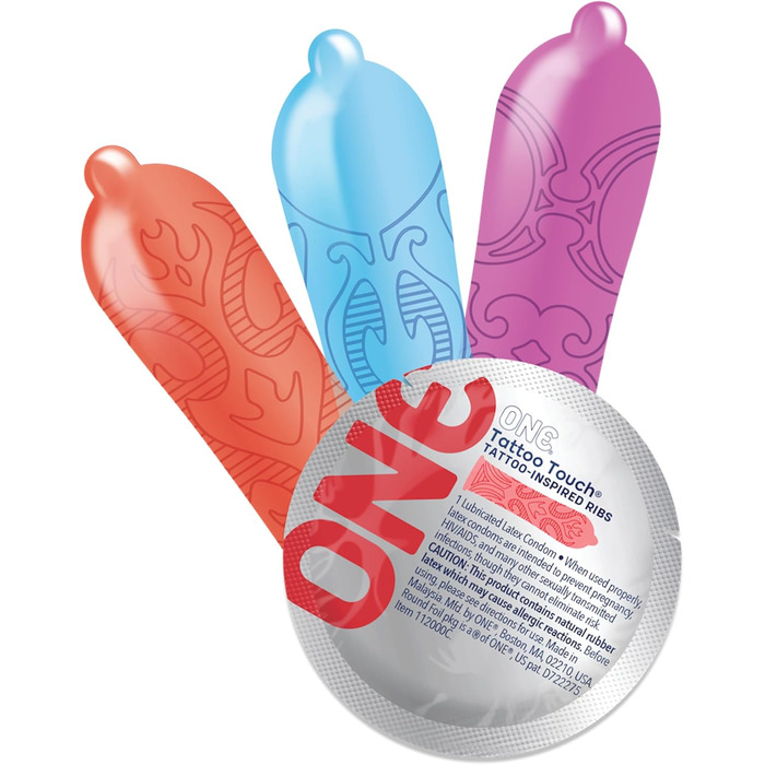 Презервативи ONE Tattoo Touch, текстуровані з унікальними малюнками, натхненними татуюваннями, веганські, без ГМО, з натурального каучукового латексу, 12 шт.