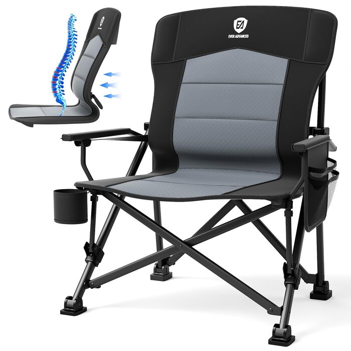 Складане кемпінгове крісло EVER ADVANCED, вантажопідйомність 230 кг, розкладне крісло XL, ширина сидіння 62 см з бічною кишенею та тримачем для напоїв, велике розкладне крісло, рибальське крісло для кемпінгу, використання на вулиці, балкон, сад, чорний ко