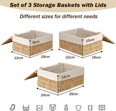 Набір із 3 кошиків для зберігання з кришками плетені кошики з паперової мотузки, 3 розміри, з підкладкою, кошики в стилі бохо для ванної кімнати, іграшок, вітальні та спальні.