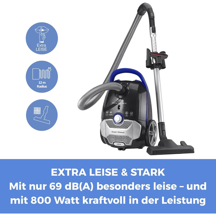 Пилосос з мішком Fakir Blue Vac Power TS 721, 800 Вт, з кабелем, HEPA H14 фільтр, тихою високоефективною мотором 69 дБ(А), містком для пилу 3 л та радіусом дії 12 м, чорний/синій