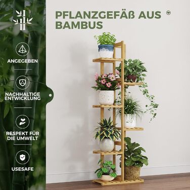Підставка для рослин Bamworld, підставка для квітів, бамбукова полиця для рослин, кімнатна полиця для квітів, невелика металева підставка для квітів для тераси, саду, балкона, вітальні, спальні (6 ярусів), бамбук, 6 ярусів