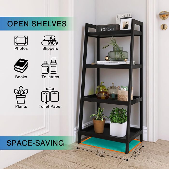 Бамбукова книжкова полиця SMIBUY з драбиною, органайзер для полиць у ванній кімнаті, окремостояча підставка для рослин, компактні полиці для спальні, кухні, балкону (чорна, 4 полиці (99 см заввишки)) Чорна 4 полиці (99 см заввишки)