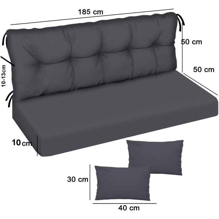 Подушка для садової лавки та 2 подушки Подушка з піддонів Подушка для сидіння та подушка для спини Подушка для сидіння Матрац Садова подушка гладкі лопати сірий 133, 185x50x50