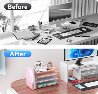 Настільний органайзер з тримачами для файлів, 4-рівневий офісний органайзер з лотком для паперу, сітчастий лоток для документів з тримачем для журналів, настільне сховище для канцелярського приладдя (рожеве золото)