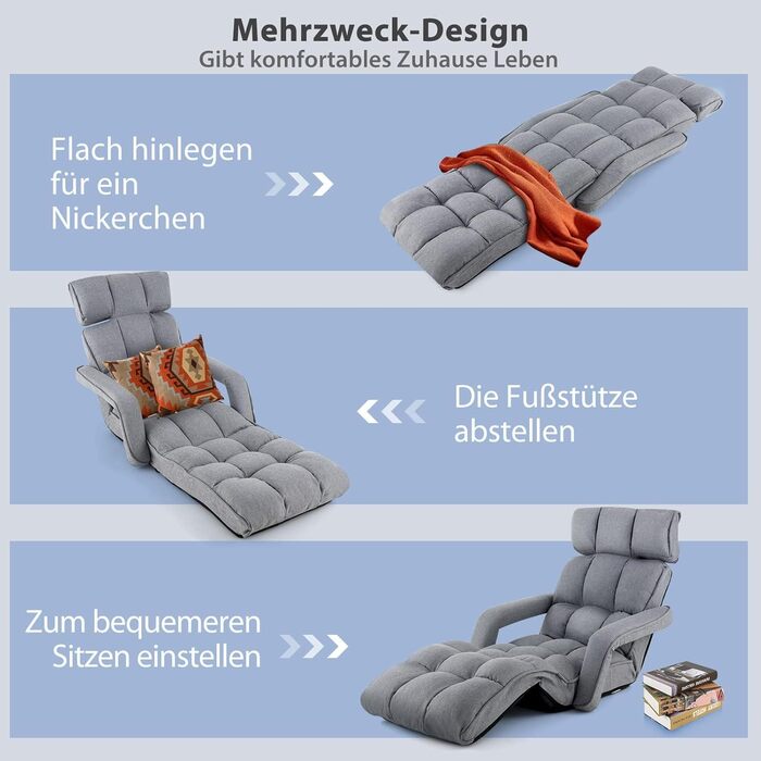 Крісло-реклайнер COSTWAY, регульоване у 5 положеннях, складне, з підлокітниками та спинкою, шезлонг для ігор, сну та читання (світло-сірий)