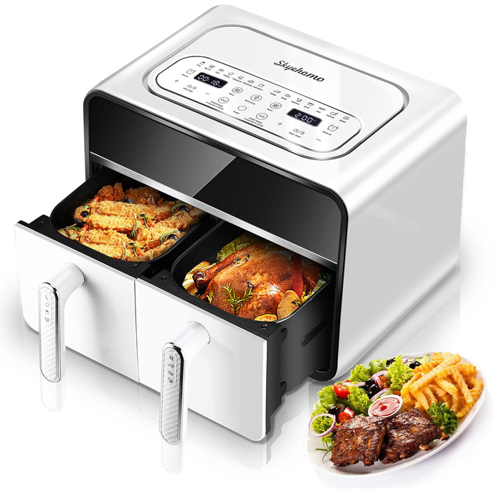 Двокамерна фритюрниця Skyehomo 2100 Вт, цифрова фритюрниця з подвійним кошиком із прозорим вікном, програми 14 в 1 і світлодіодний сенсорний екран, двокамерна фритюрниця без бісфенолу А майже без олії, резерв 24 години