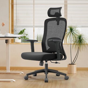 Ергономічне офісне крісло CALIYO Sammy, робоче крісло з регульованим підголівником, підлокітниками, поперековою опорою та функцією гойдання повітропроникне сітчасте поворотне крісло, ігрове крісло, офісне крісло 150 кг, чорне Sammy (чорне)