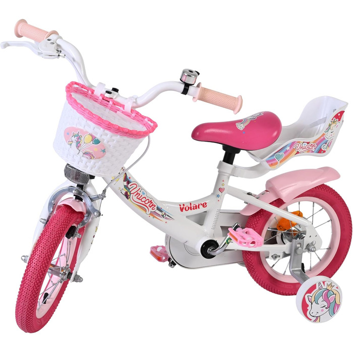 Дитячий велосипед Volare білий з сидінням-єдинорогом та рожевими ручками Ножне та ручне гальмо З додатковими колесами Комфорт та безпека Вік 35 років Легкий у збиранні Ідея для подарунка