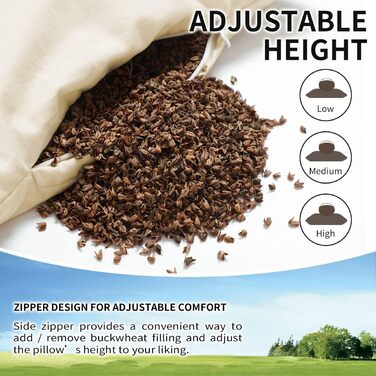 Органічна гречана подушка для сну LOFE, 35,6 x 50,8 см, регульований лофт, дихаюча для прохолодного сну, підтримка шийного відділу хребта для сну на спині та на боці (лушпиння татарської гречки), японський розмір (14 x 20 дюймів), кремовий колір