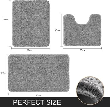 Килимок для ванної, сірий, набір з 3 предметів для ванної кімнати, нековзні килимки та килимки для ванної, нековзний килимок для ванної, що прається, надтовстий килимок для ванної з мікрофібри (сірий, 40x5050x6050x80см) 50 x 80 см (прямокутний) сірий (ком