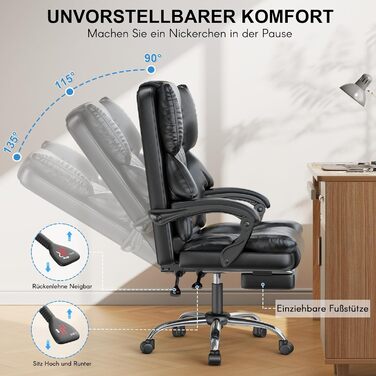 Офісне крісло naspaluro з підставкою для ніг, ергономічне робоче крісло, комп&39ютерне крісло зі штучної шкіри з м&39якими підлокітниками та м&39яким підголівником, функція нахилу, поворотне крісло з регулюванням висоти, чорне, без підігріву