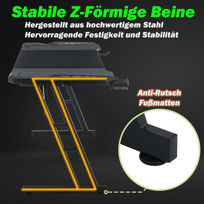 Ігровий стіл Froadp зі світлодіодним підсвічуванням, 120x60 см, Z-подібний ігровий стіл для ПК, чорна вуглецева поверхня, ергономічний комп&39ютерний стіл з підставкою для чашок та гачками для навушників, вантажопідйомність 150 кг, 120 см, з RGB-світлодіо