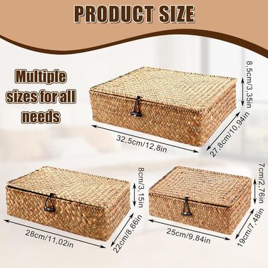 Кошики з натуральної морської трави з кришками - Ротангові кошики з кришками - Плетені кошики з морської трави - Прямокутні плетені кошики з ротанга - Кошики для зберігання речей для ванної кімнати, вітальні, кухні, 3